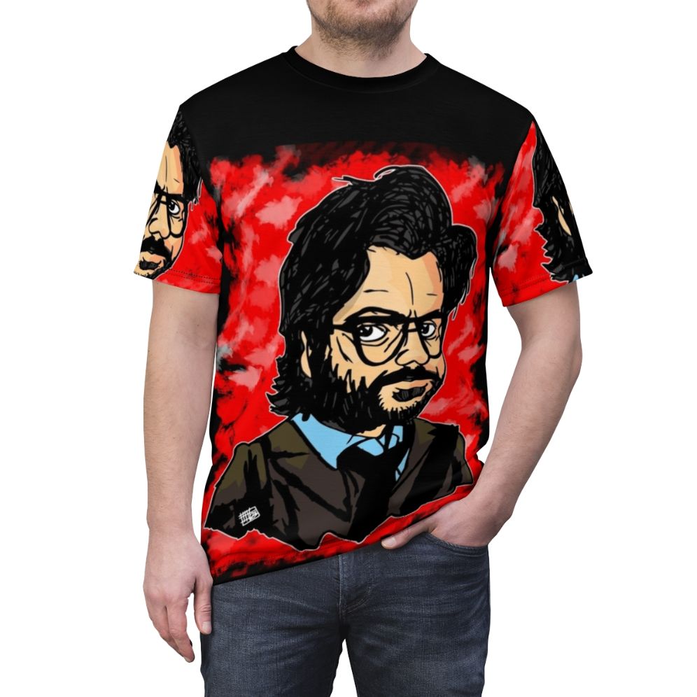 Custom AOP t-shirt featuring the Professor from the Netflix series Money Heist - men front