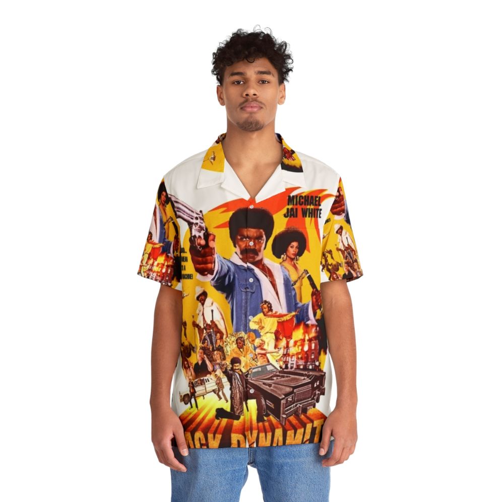 Black Dynamite Hawaiian Shirt with Tropical Print - People Front