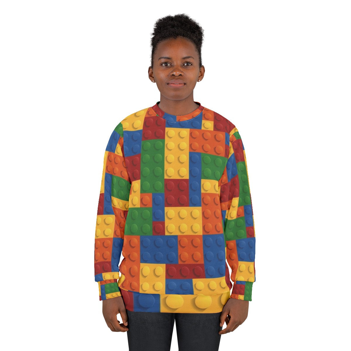 Modeling a block pattern sweatshirt with gaming-inspired design - women