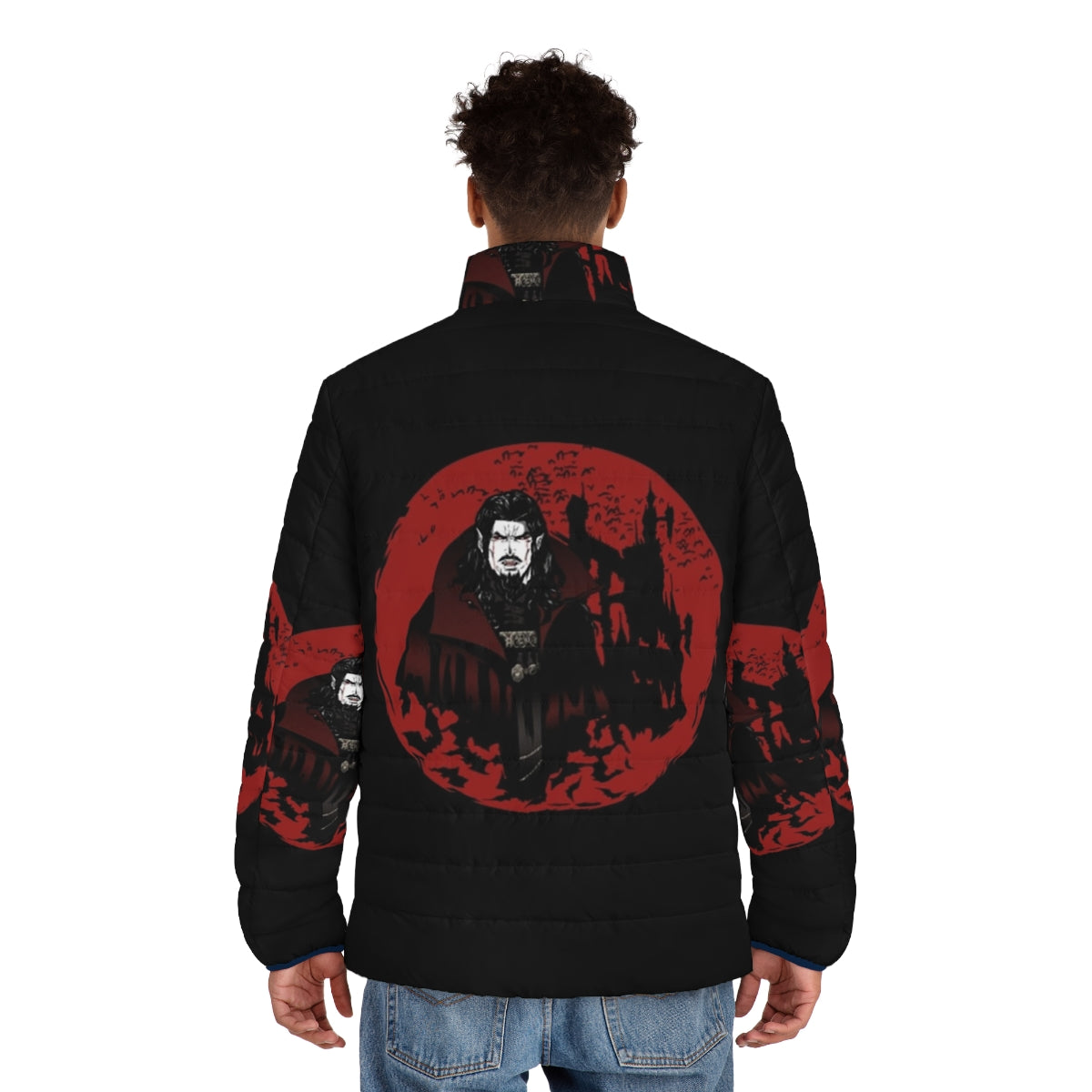 Dracula inspired puffer jacket with Vlad Dracula and Castlevania design - men back