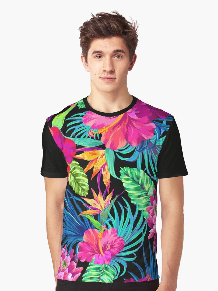 Tropical hibiscus flower graphic t-shirt with a bold, colorful floral pattern design. - Men