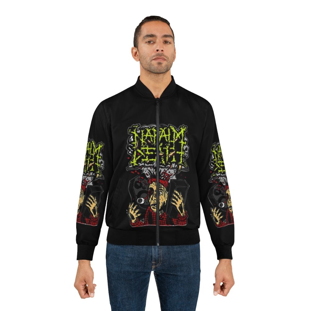 Napalm Death 80s/90s Metal Band Bomber Jacket featuring the band's new logo design - Lifestyle