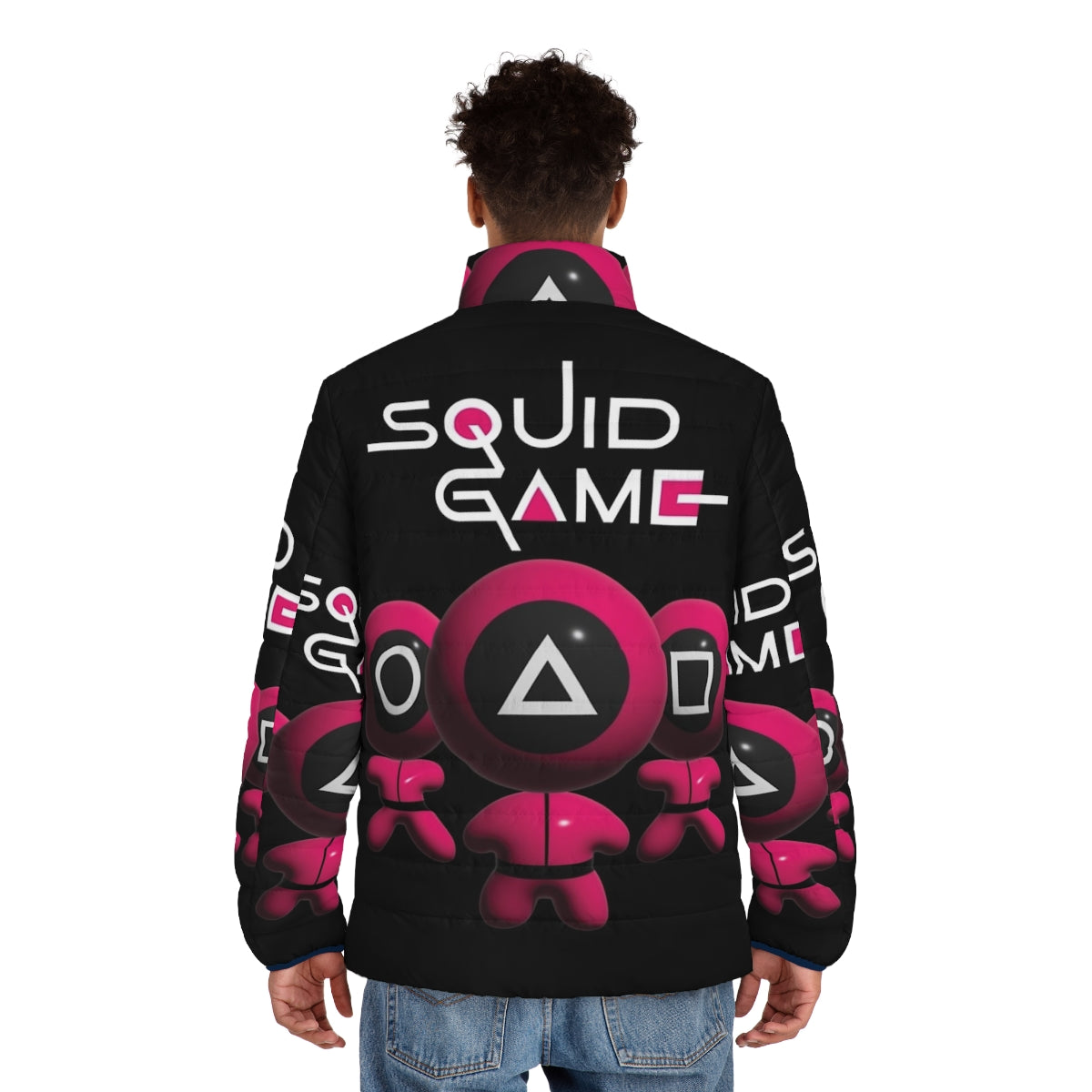 Squid Game fan art puffer jacket with various character symbols and graphics - men back