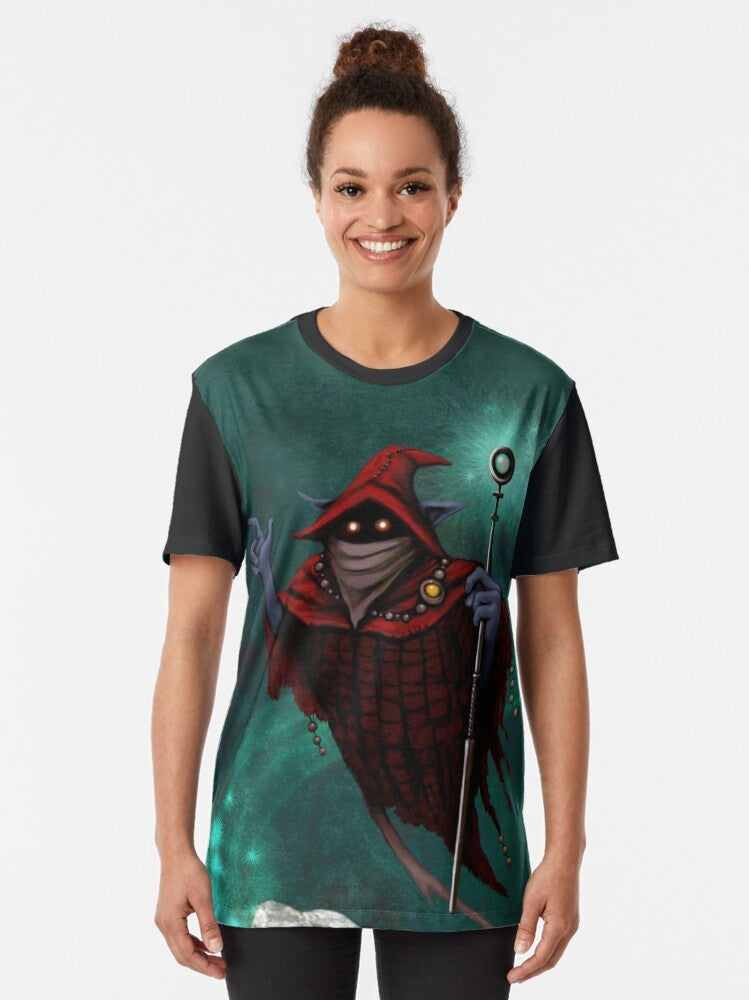 Vintage-style graphic t-shirt featuring the character Orko from the Masters of the Universe series - Women