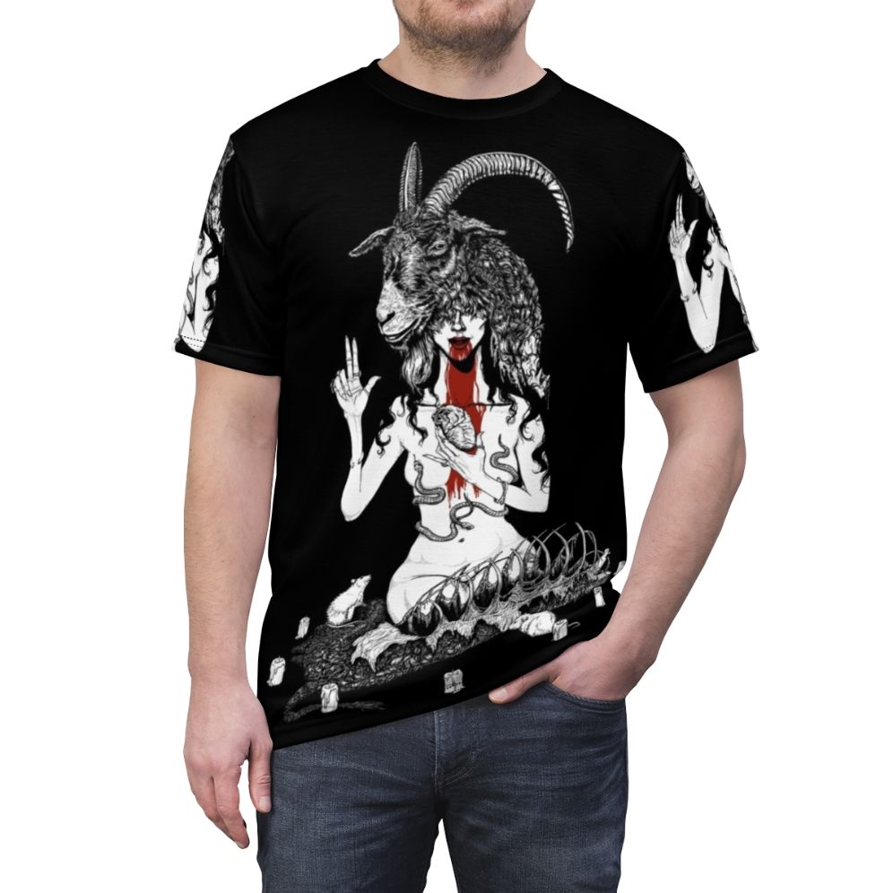 Occult satanic horror t-shirt with baphomet, demons, and pagan symbols - men front