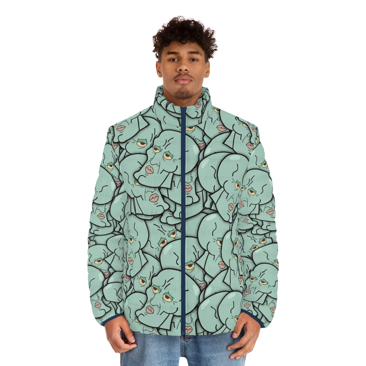 Handsome man wearing a spongebob-inspired puffer jacket - men front