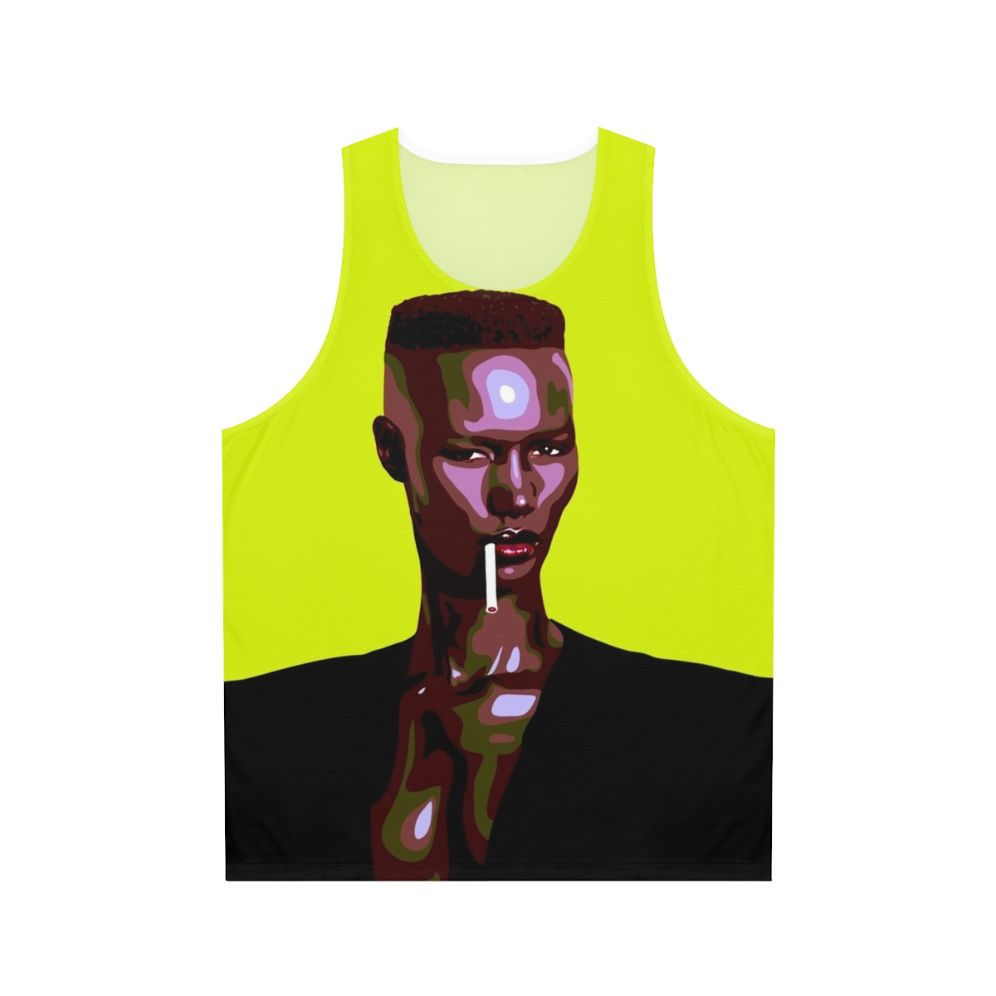 Iconic 80s leatherette tank top with stylized pop art portrait