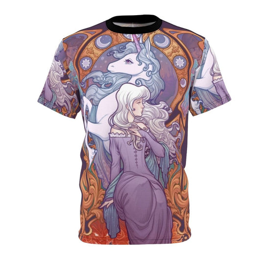 Whimsical The Last Unicorn inspired graphic t-shirt design featuring Lady Amalthea, unicorns, and fantasy art