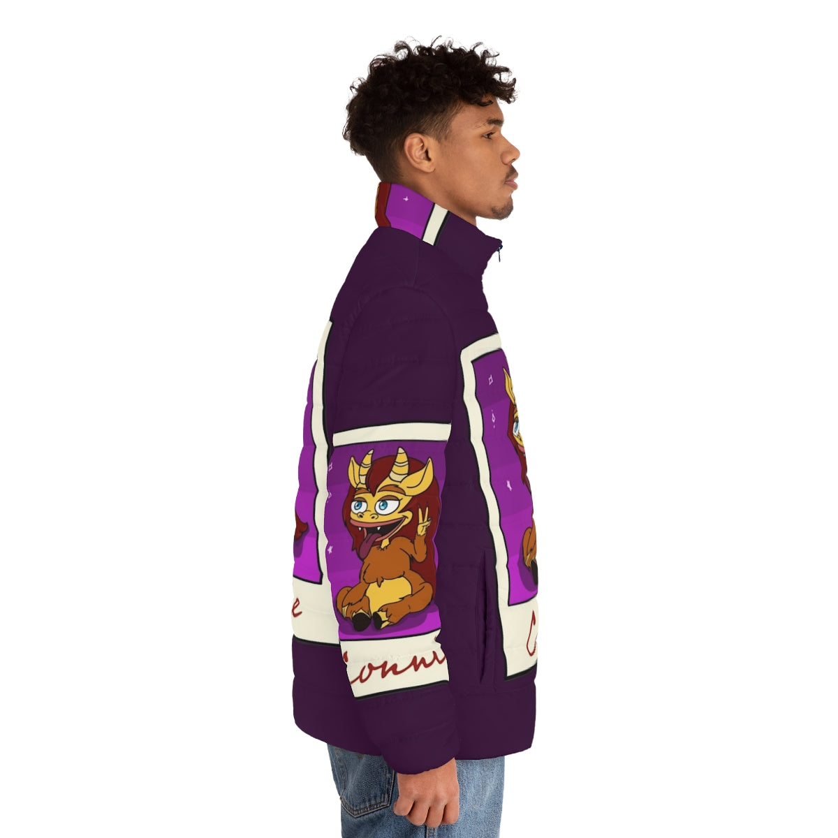 A cozy and stylish puffer jacket featuring Connie the Hormone Monster from the Netflix series Big Mouth. - men side right