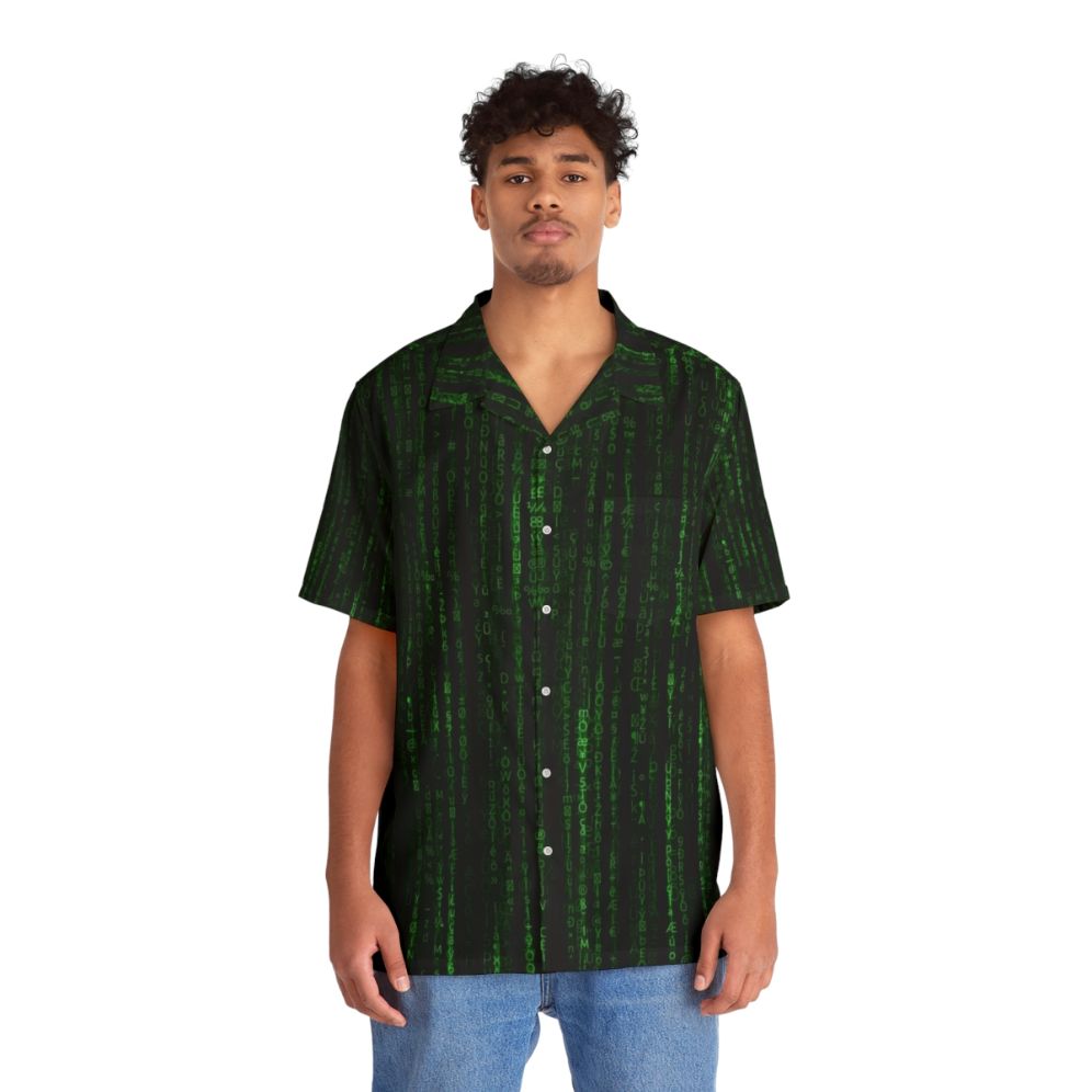 Matrix-Inspired Hawaiian Shirt with Keanu Reeves-Inspired Graphics - People Front