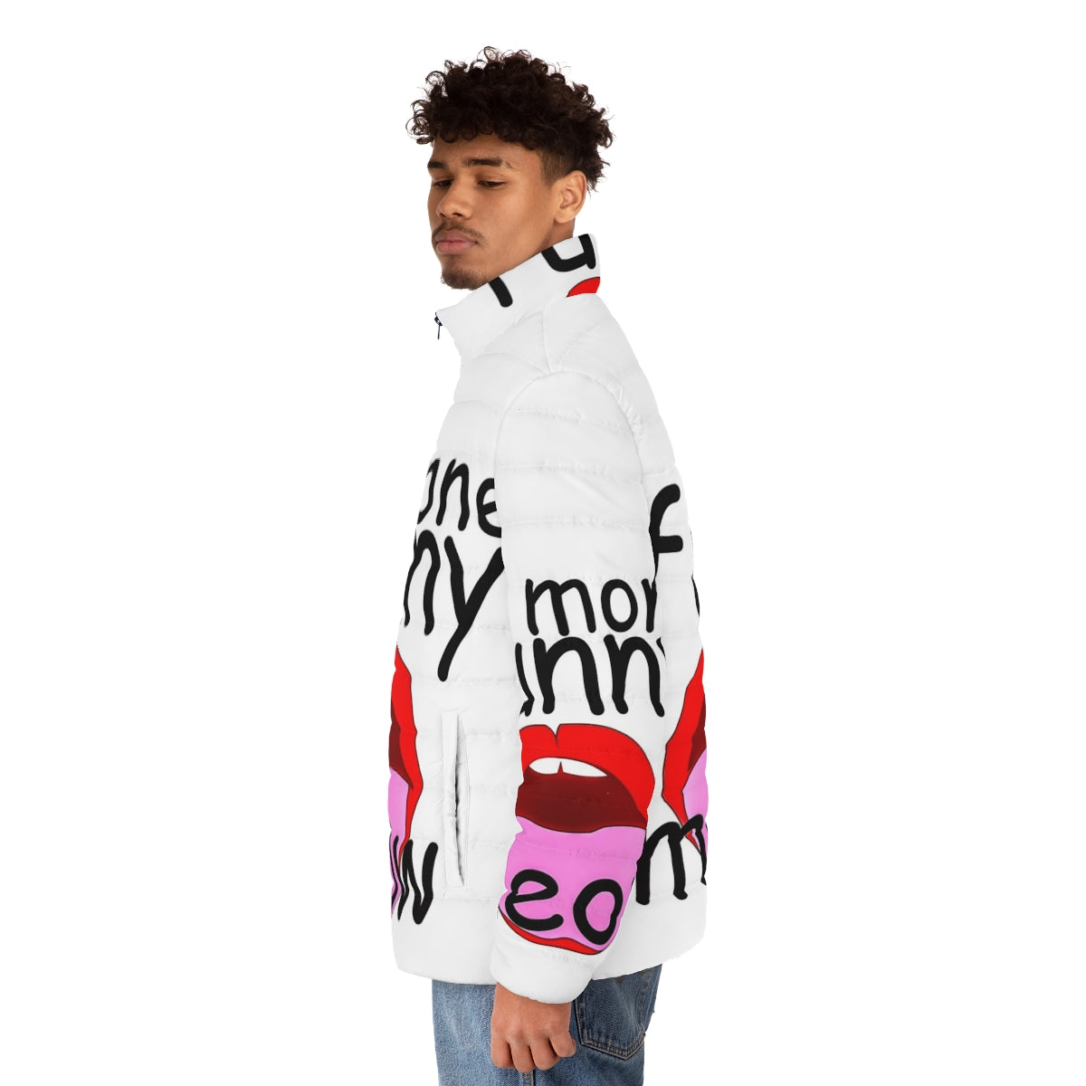 Puffer jacket with a humorous graphic design, perfect for music, movie, sports, gaming, anime, and pet lovers - men side left