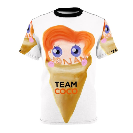 A t-shirt design featuring an illustration of Conan O'Brien's face with an ice cream scoop on top.