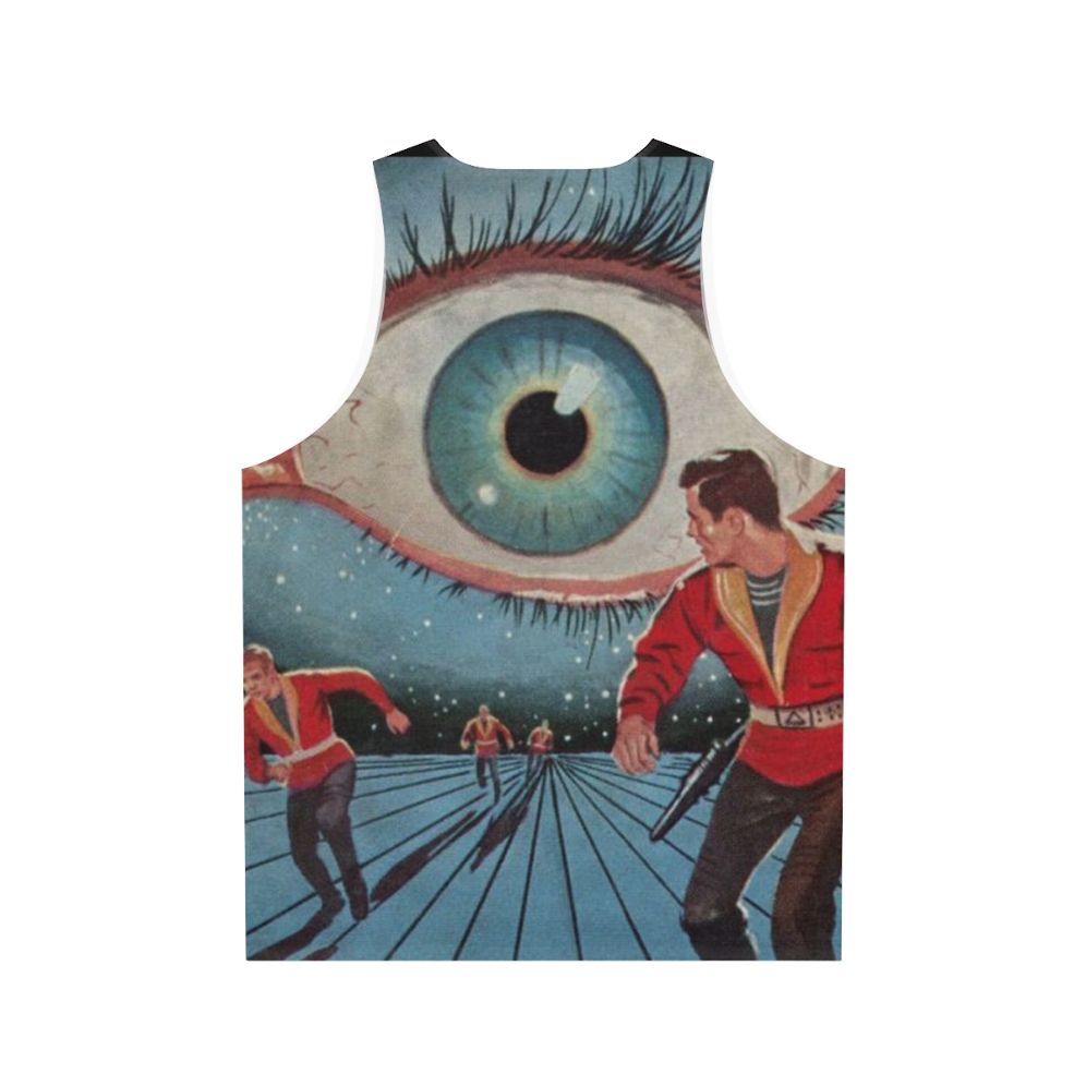 Unisex sci-fi tank top with Eye in the Sky Kindred Ubiquity design - Back