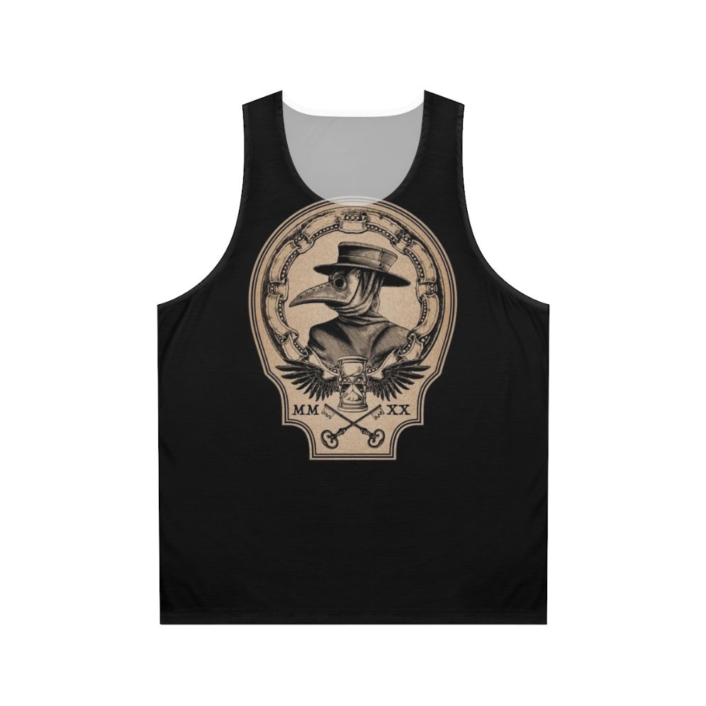 Vintage plague doctor unisex tank top with raven, hourglass, and roman numerals design