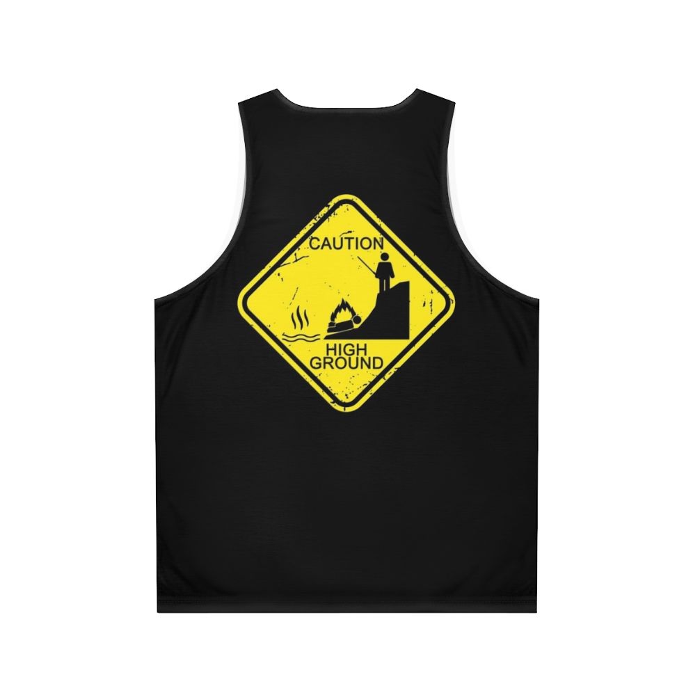 Unisex tank top with 'Caution High Ground' stick figure design - Back