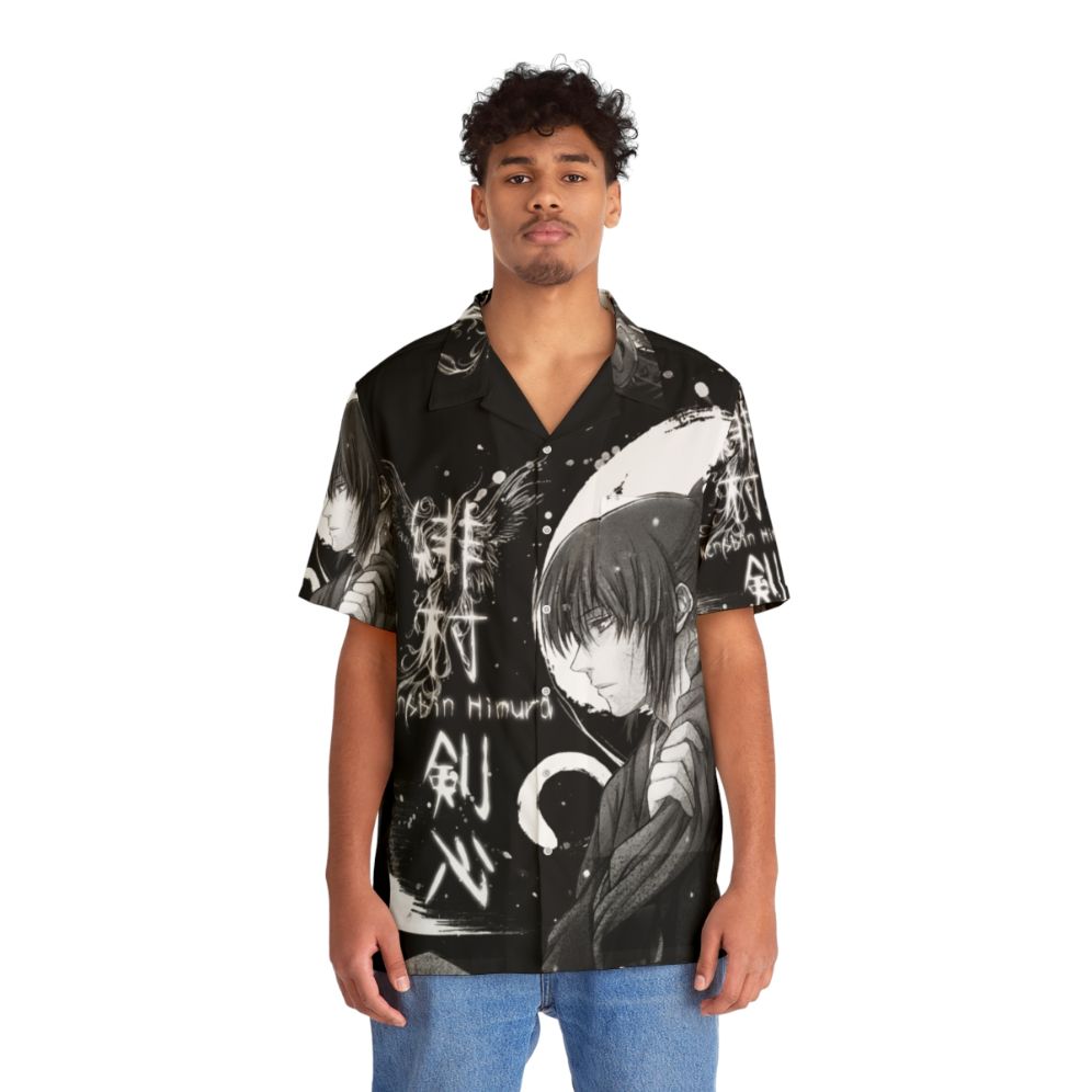 Dark Samurai Hawaiian Shirt with Japanese Kanji and Nature Motifs - People Front