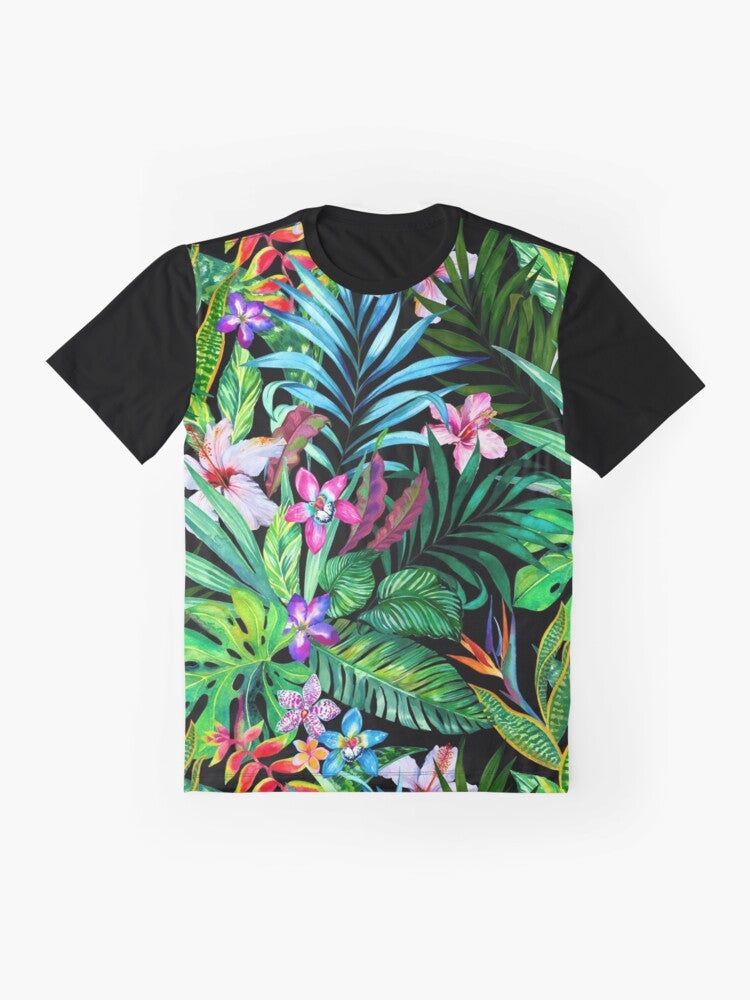 Tropical neon floral graphic t-shirt with a seamless botanical pattern - Flat lay