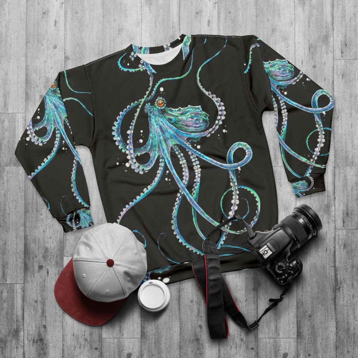 Drunk octopus sweatshirt with underwater cephalopod design - flat lay