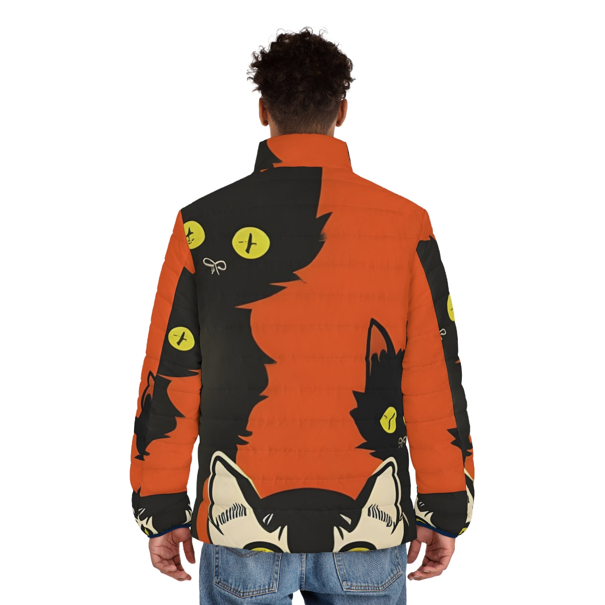 Curious cats puffer jacket in black, orange, and white colors - men back