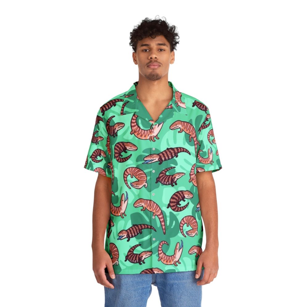 Blue Tongue Skink Hawaiian Shirt with Cute Cartoon Lizard Pattern - People Front