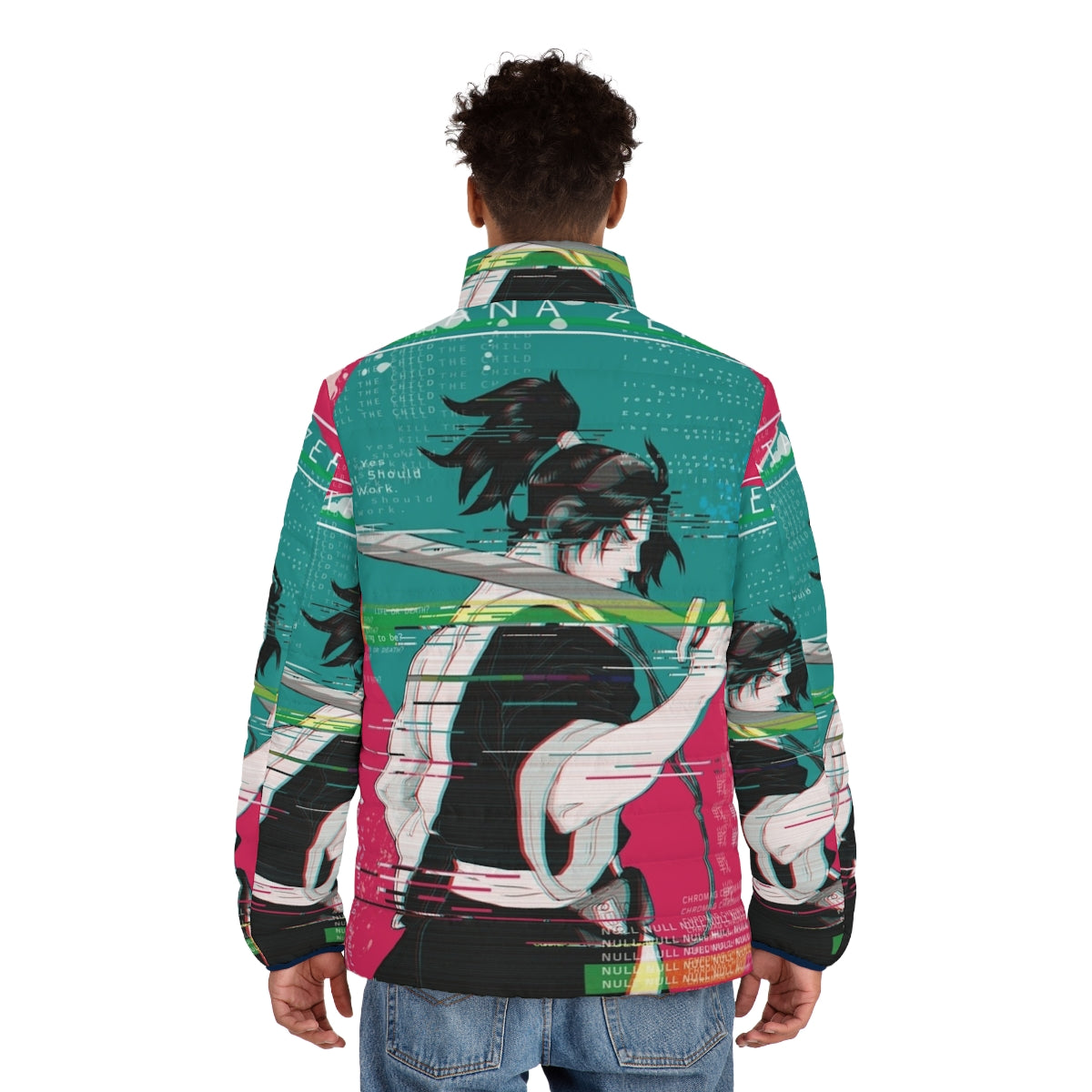 Katana Zero inspired puffer jacket with cyberpunk and samurai design elements - men back