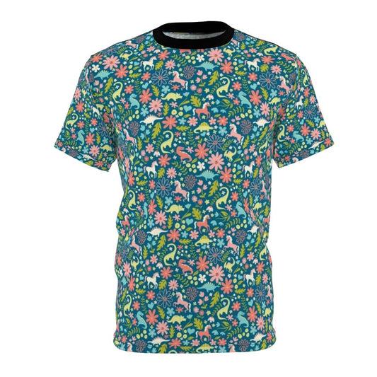 Dinosaur and unicorn inspired t-shirt with a colorful floral and leaf pattern