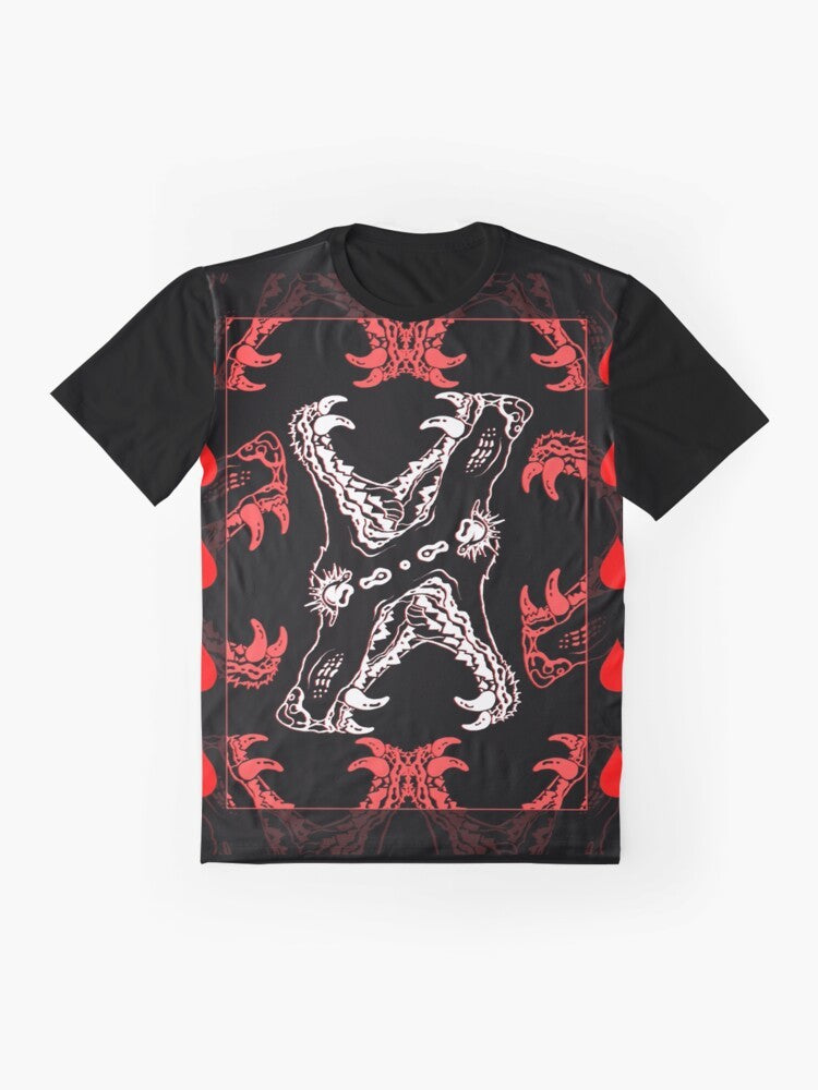 Closeup of a dog's gaping jaws with sharp, bloody teeth on a black t-shirt - Flat lay