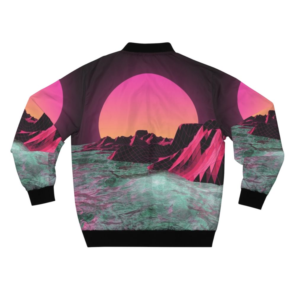 Stylish 80s-inspired bomber jacket with vaporwave aesthetic, featuring geometric patterns, neon colors, and futuristic design. - Back