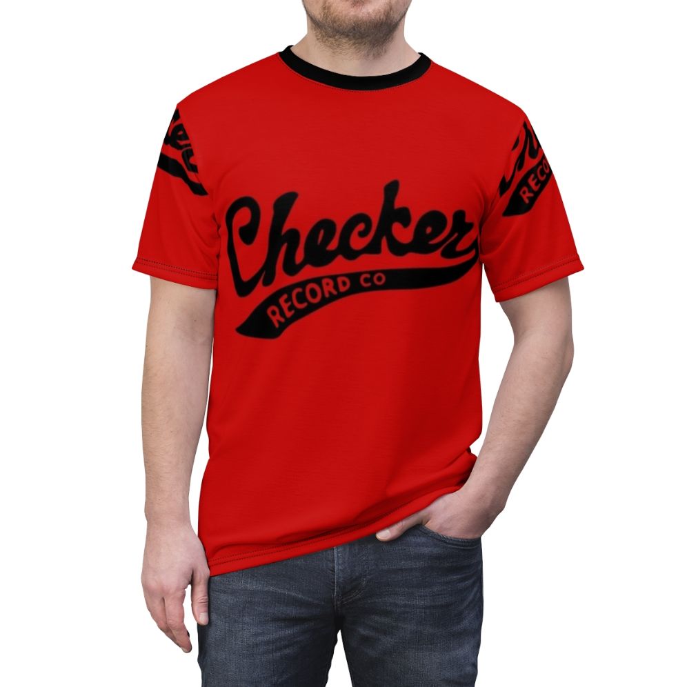 Checker Records inspired graphic t-shirt, featuring a vintage-style checker pattern design - men front