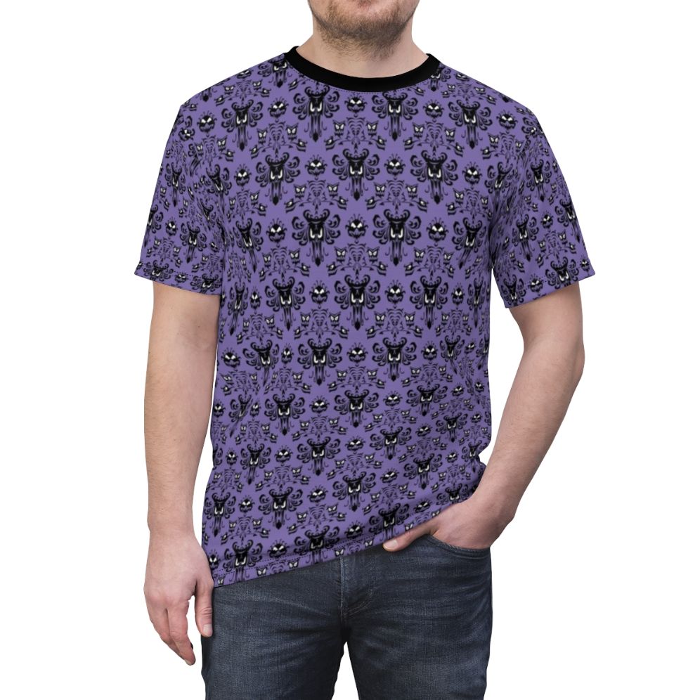 Haunted mansion wallpaper inspired all-over-print t-shirt with a gothic, spooky design - men front