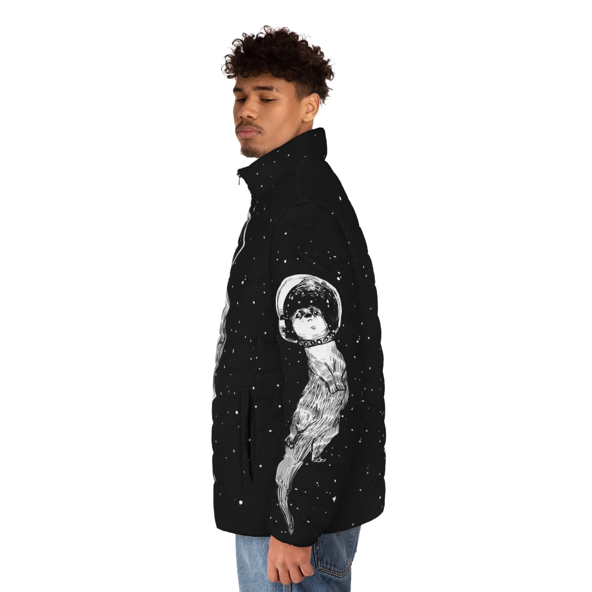 Otter-themed puffer jacket with space-inspired design - men side left