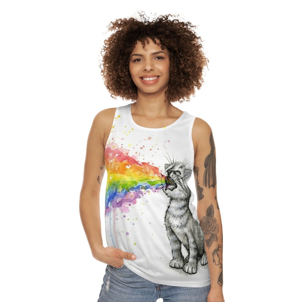 Kitten puking rainbow design on unisex tank top - women