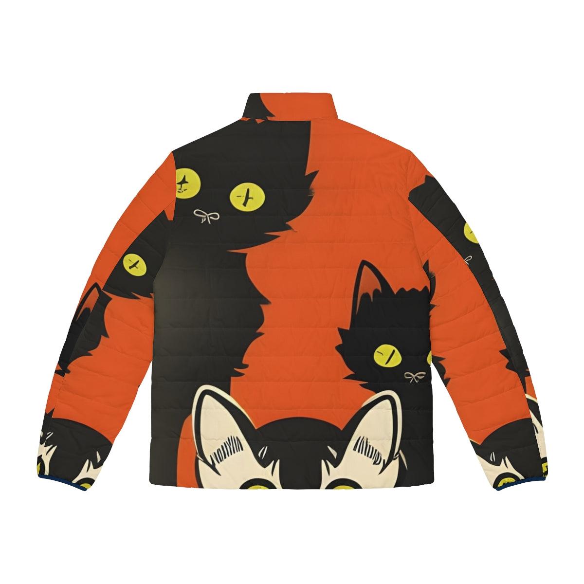 Curious cats puffer jacket in black, orange, and white colors - Back