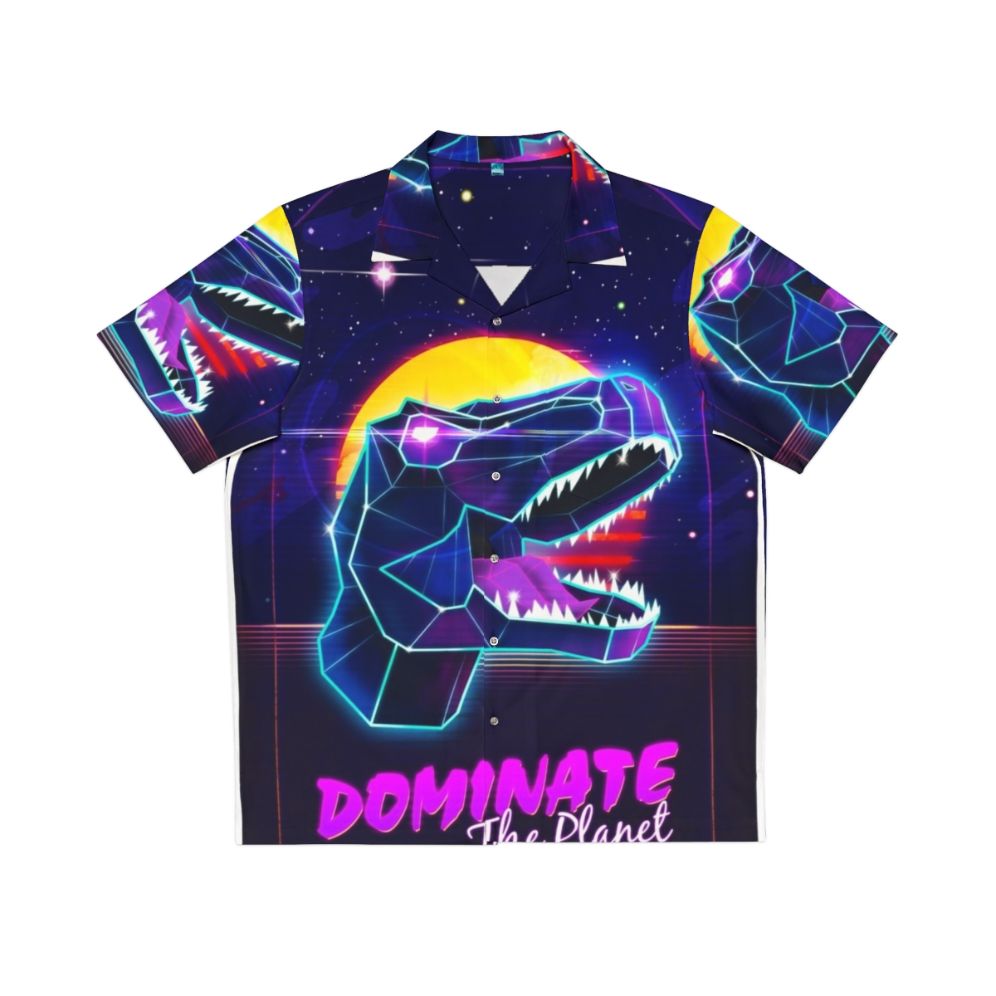 Electric Jurassic Rex Dominate The Planet Hawaiian Shirt - Retro Synthwave Cyberpunk Fashion