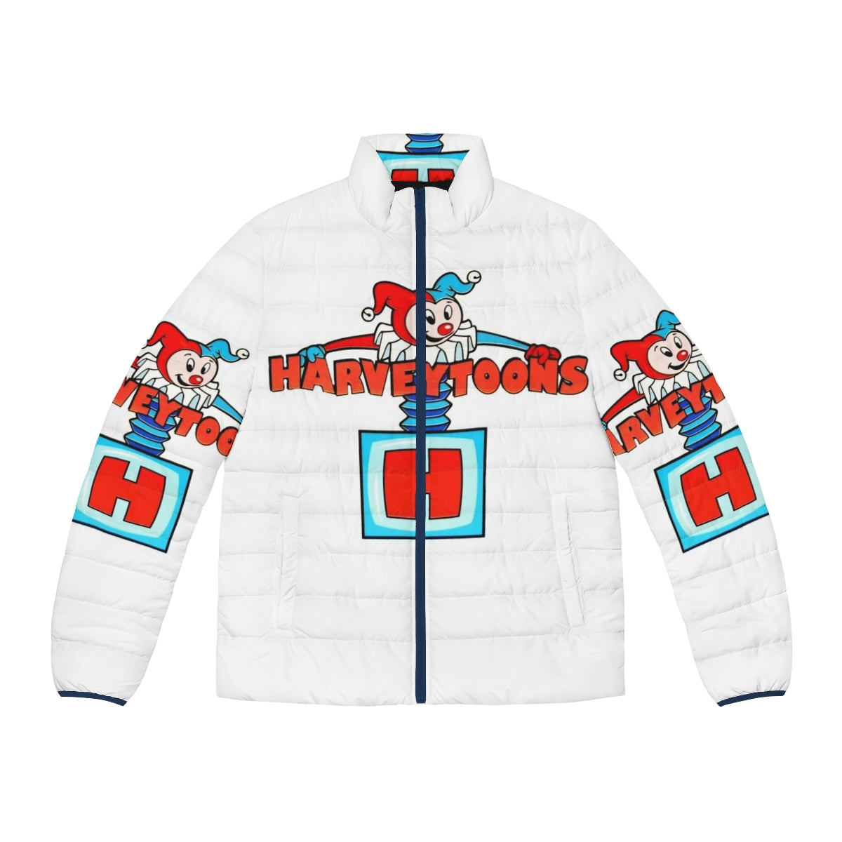 Harveytoons character logo puffer jacket featuring classic comic characters