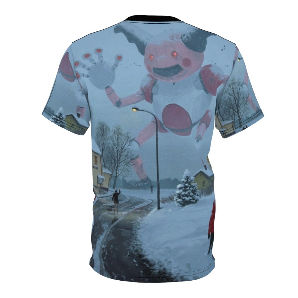 Mecha robot figure standing in a snowy, post-apocalyptic landscape on an all-over print t-shirt - Back