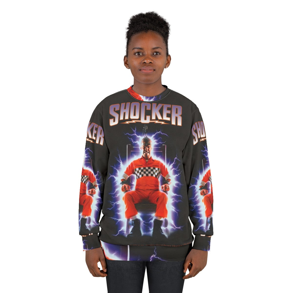 Shocker horror movie sweatshirt with retro 80s slasher design - women