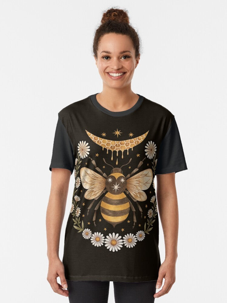 Honey Moon Graphic T-Shirt featuring a bee, honeycomb, and crescent moon design for beekeepers and nature lovers - Women