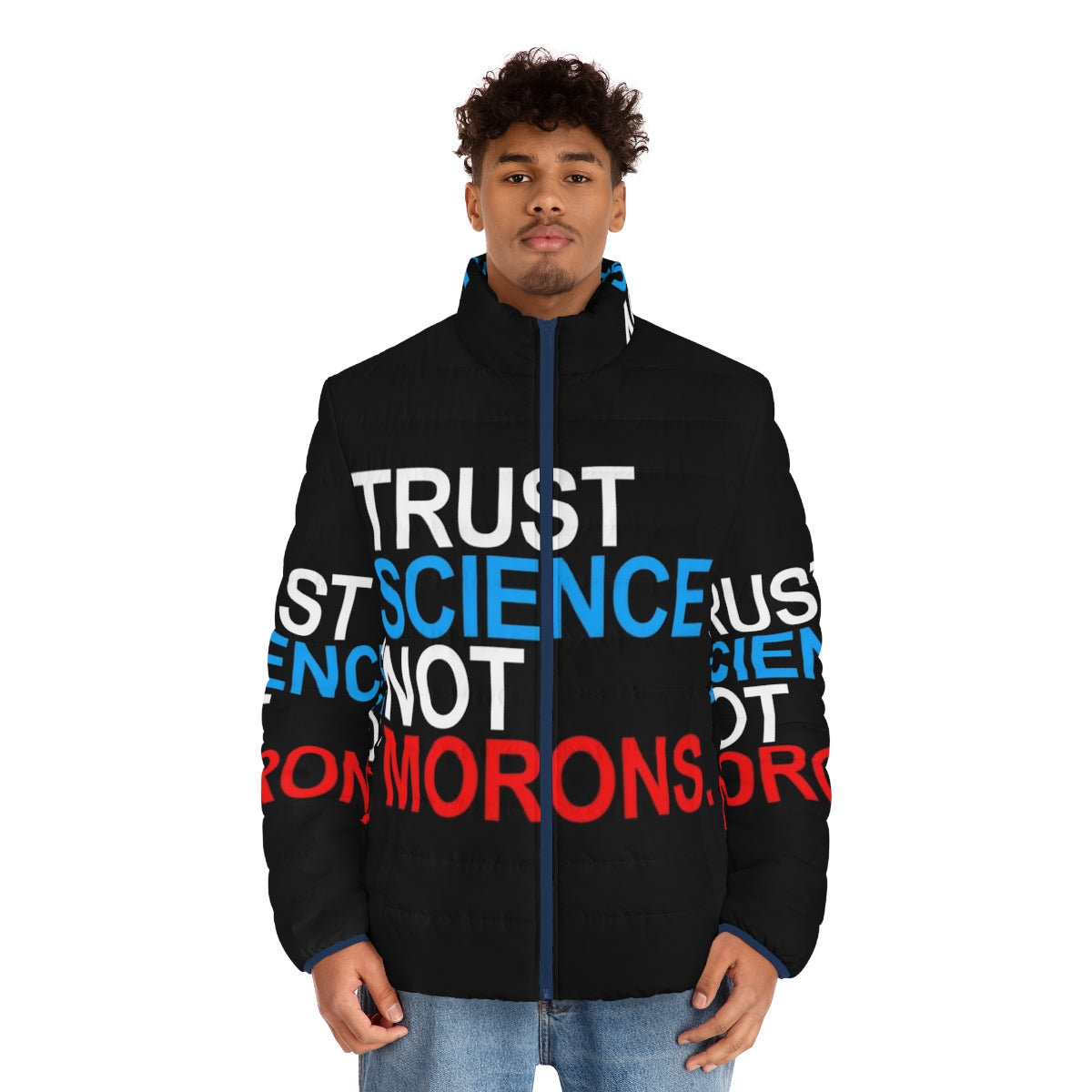 Red white and blue puffer jacket with pro-science message - men front