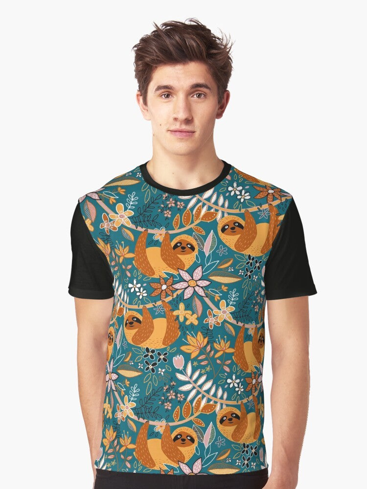 A happy, boho-style graphic t-shirt featuring a sloth surrounded by colorful floral patterns in teal, orange, brown, and blush. - Men