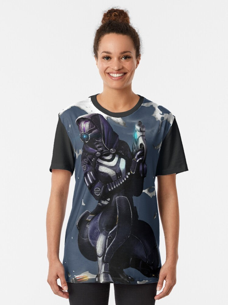 Tali'Zorah, the quarian character from the Mass Effect video game franchise, featured on a graphic t-shirt. - Women