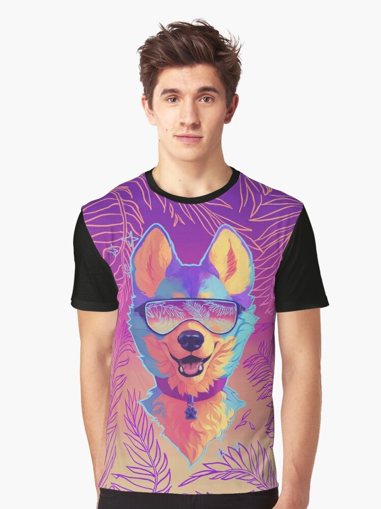 A graphic t-shirt featuring a sparkle dog with an anthro, vaporwave-inspired design. - Men