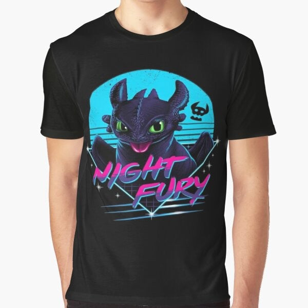 Toothless Night Fury Graphic T-Shirt featuring the popular character from the How to Train Your Dragon movie franchise.