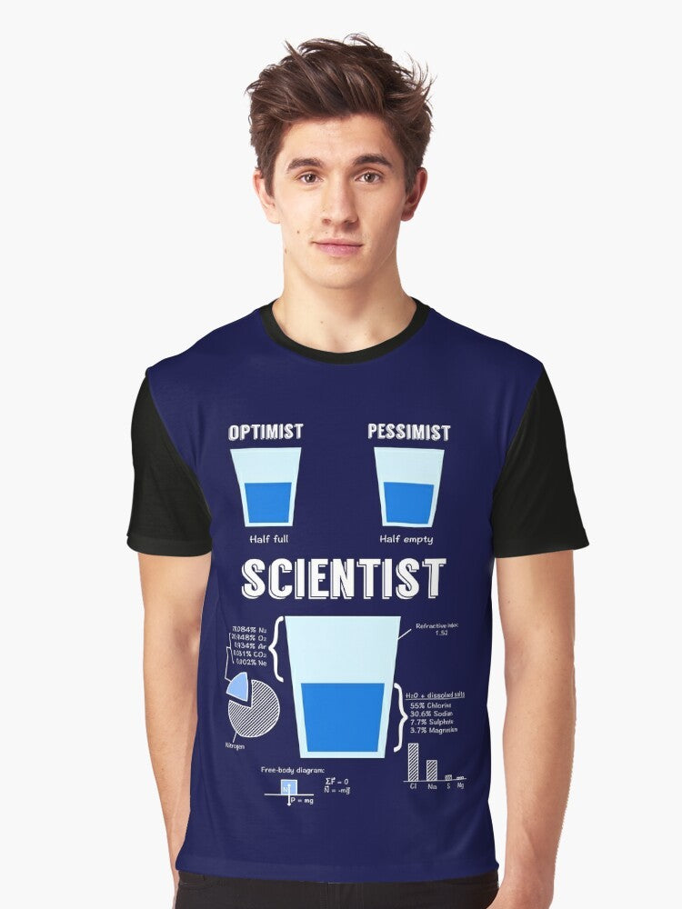 Optimist... pessimist... SCIENTIST! Funny science graphic t-shirt design featuring a pun about the different perspectives of scientists. - Men