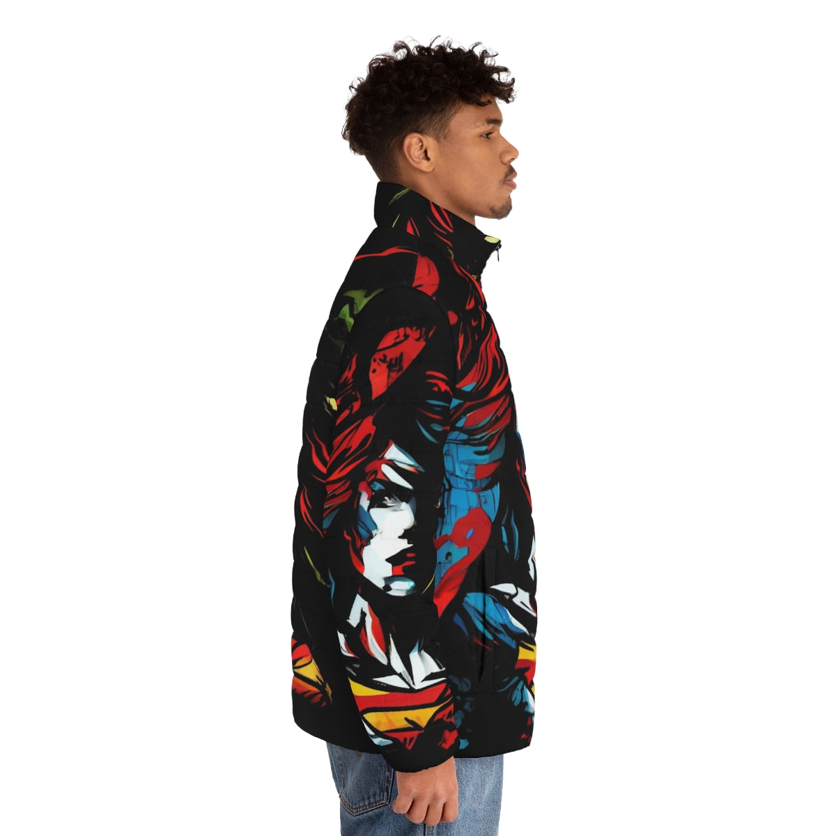 Superhero puffer jacket with iconic superhero design - men side right