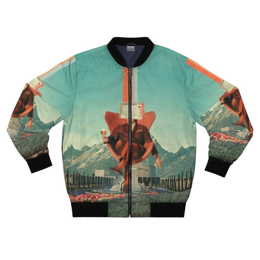 Vintage bomber jacket with surreal digital collage design featuring a man, landscape, furniture, and retro elements.