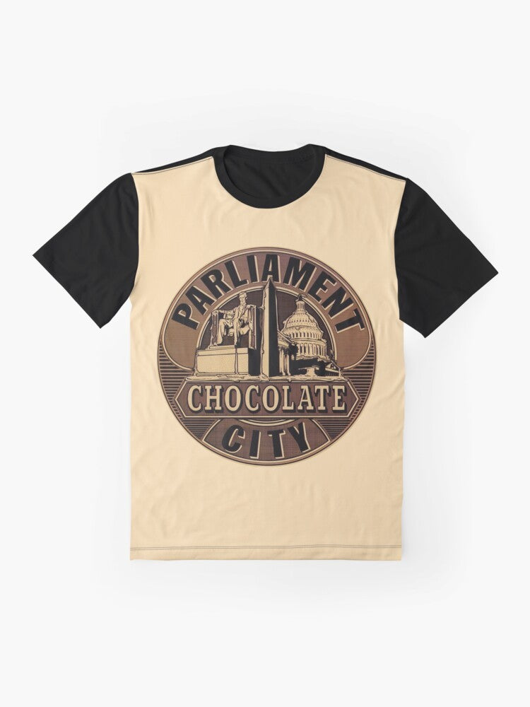 Parliament George Clinton Chocolate City Album Graphic T-Shirt featuring the iconic Parliament funk band and George Clinton's album artwork - Flat lay