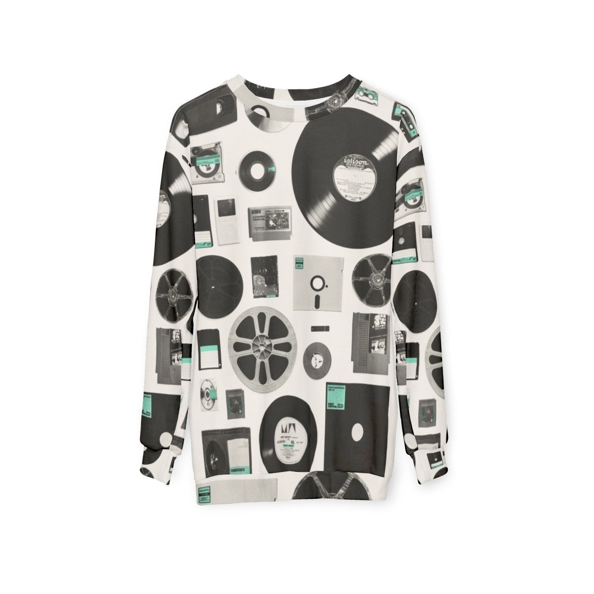 Data Sweatshirt featuring a minimalist design of vintage computer and audio media - hanging