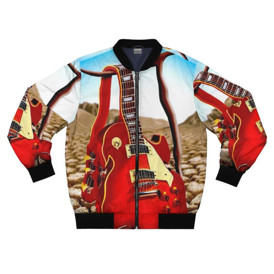 Vintage abstract bomber jacket with a surreal, psychedelic melted guitar and desert design.