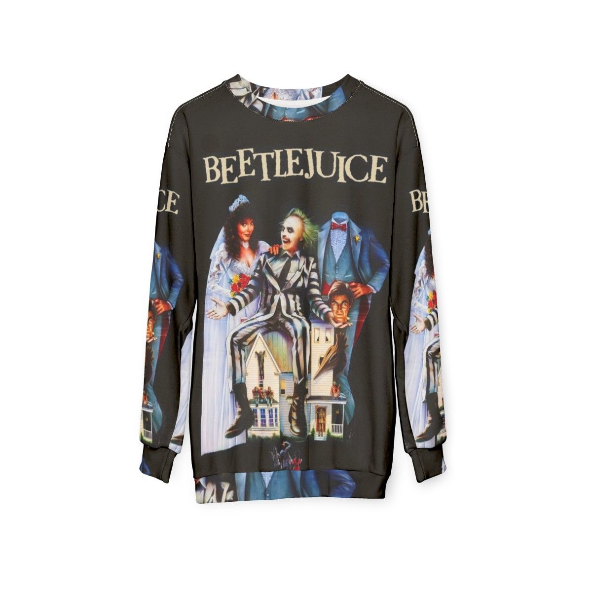 Beetlejuice themed sweatshirt with gothic and horror design - hanging